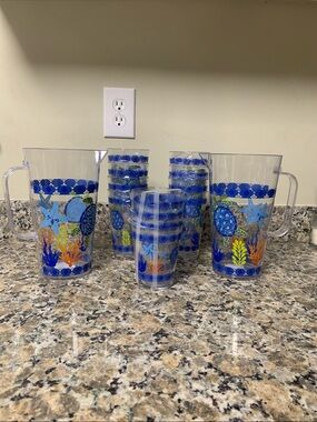 Blue Sea Turtle Plastic Pitcher and Tumbler Set